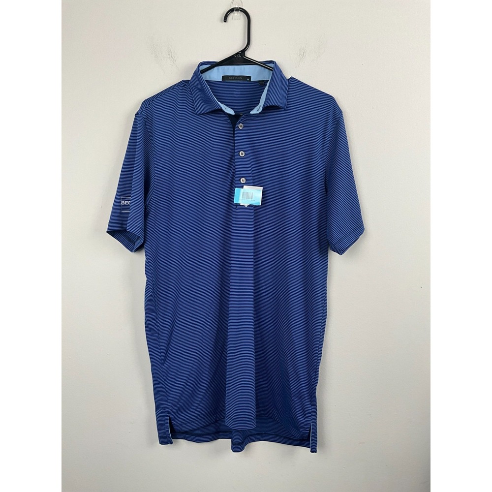 Greyson Mens Blue Stripe Polo Shirt Size M Made in Peru Beck South Florida Logo